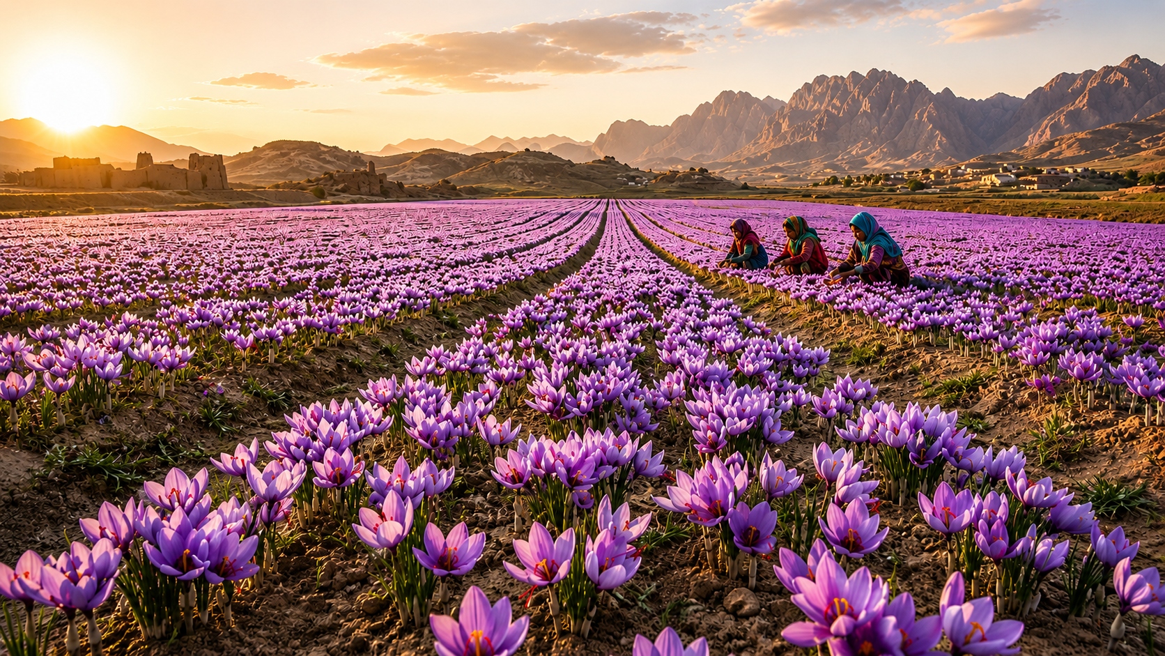 Saffron harvest in the fields of Khorasan at dawn